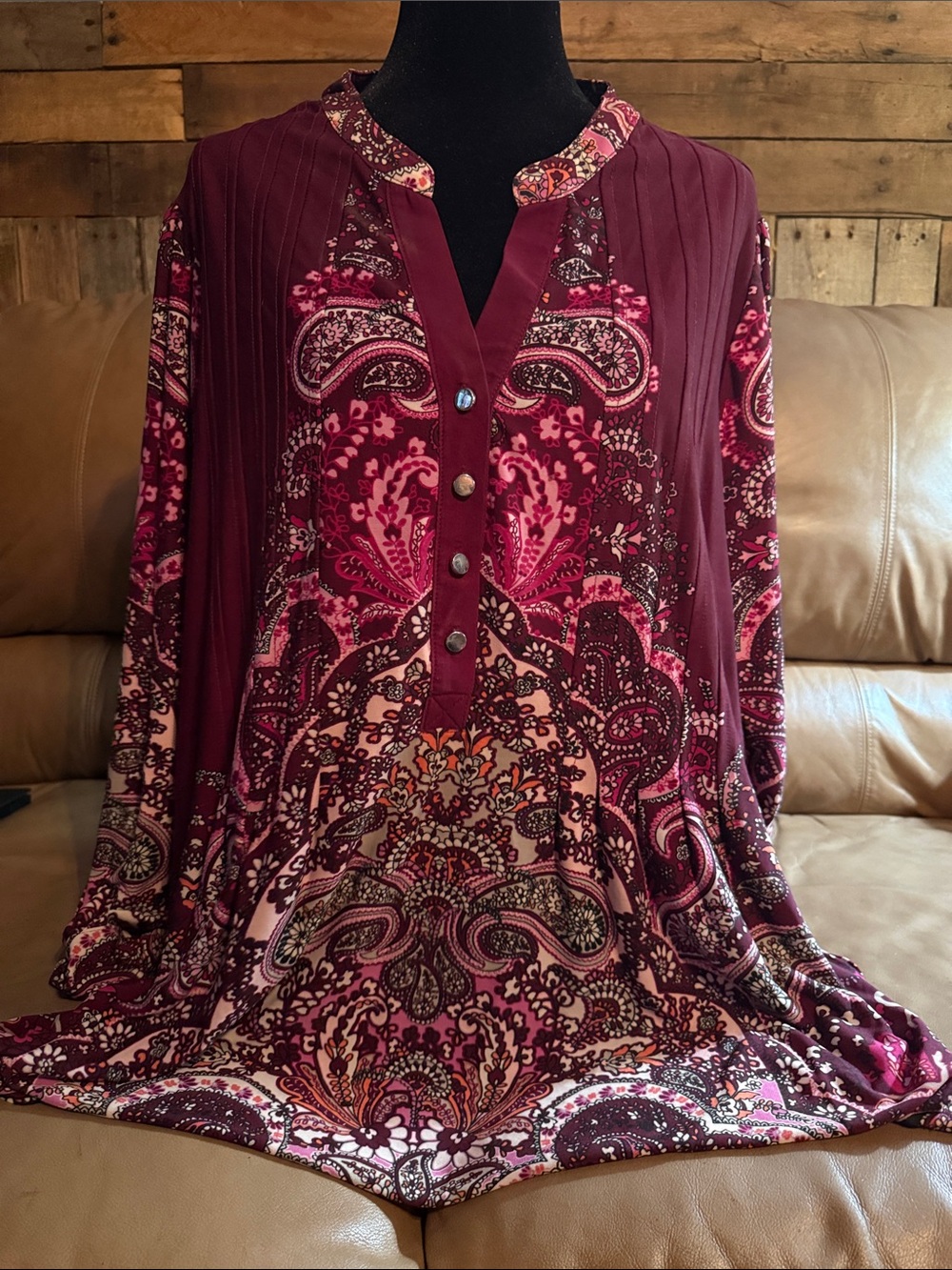 Roz & Ali Burgundy and Pink Paisley Split-Neck Tunic